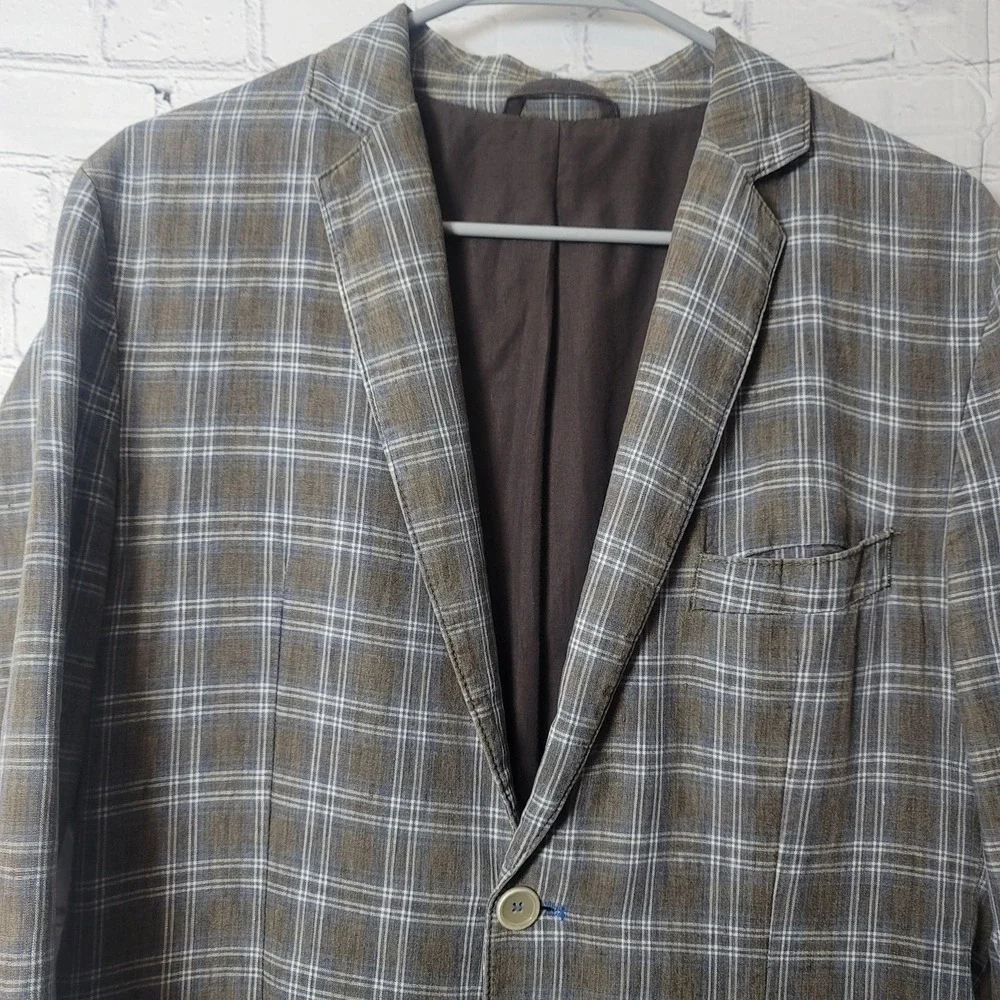 Abrams Blazer Mens  Brown Linen Cotton Plaid Sport Coat Jacket Two Button Casual